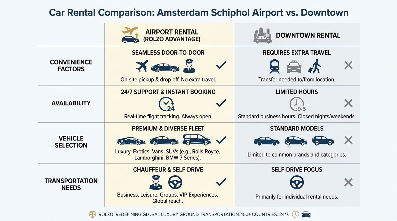Side-by-side comparison infographic showing benefits of Airport vs Downtown rental: convenience factors, availability (24/7 vs limited hours), vehicle selection, and transportation needs