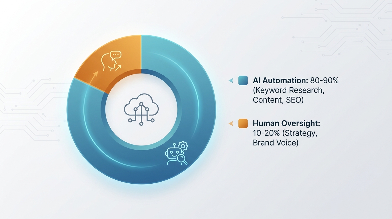 Pie chart or donut chart showing that AI SEO platforms handle 80-90% of the work while human oversight covers the remaining 10-20% for strategy and brand voice