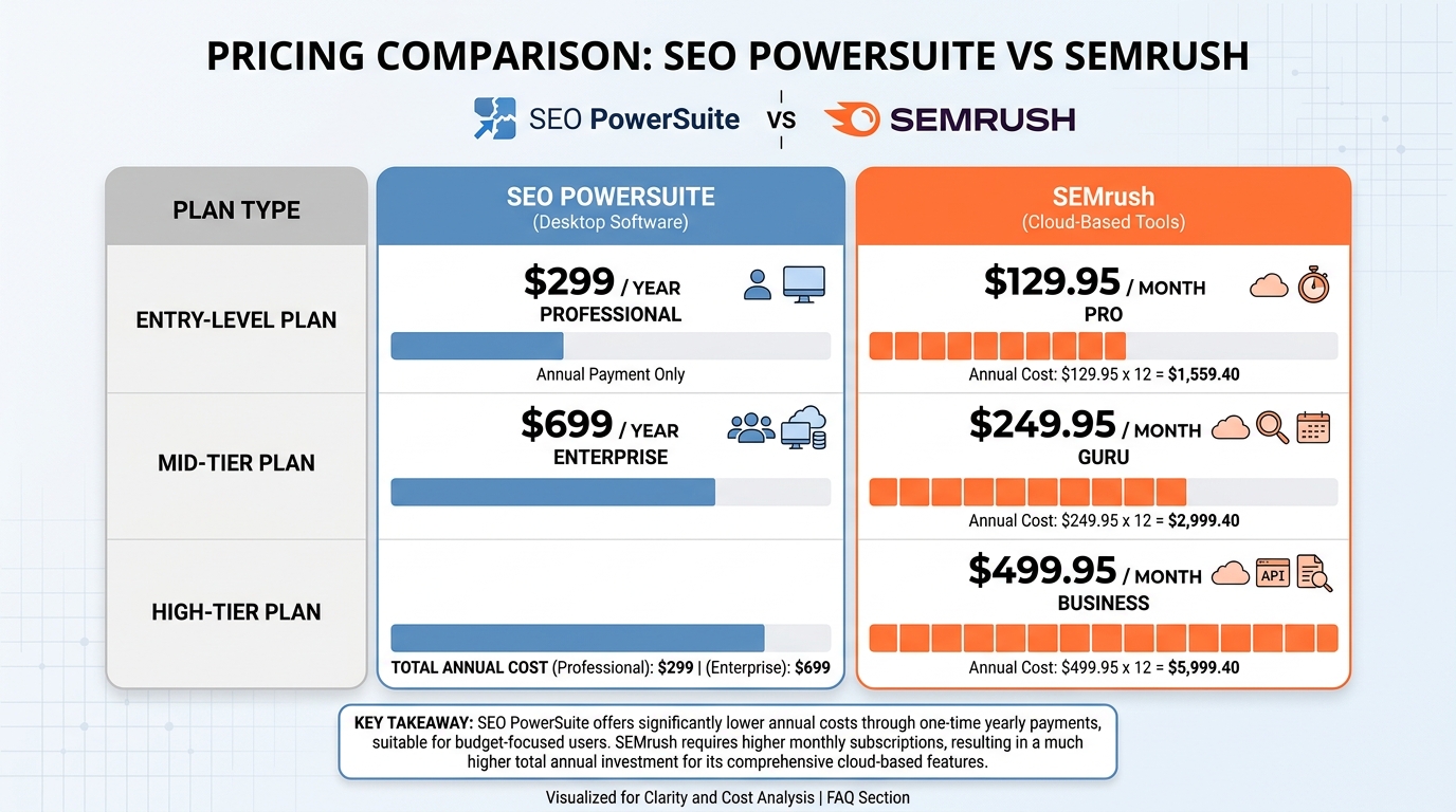 Pricing comparison table showing SEO PowerSuite plans ($299/year Professional, $699/year Enterprise) versus SEMrush plans ($129.95/month Pro, $249.95/month Guru, $499.95/month Business) with annual cost calculations