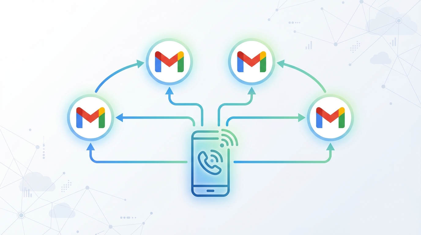 Simple diagram showing one phone number icon connected to four Gmail account icons, illustrating Google's limit of verifying up to 4 accounts per phone number