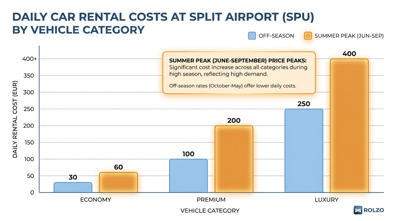 Bar chart comparing daily car rental costs at Split Airport by vehicle category (economy €30-60/day, premium, and luxury models), with a highlighted note showing summer (June-September) price peaks versus off-season rates
