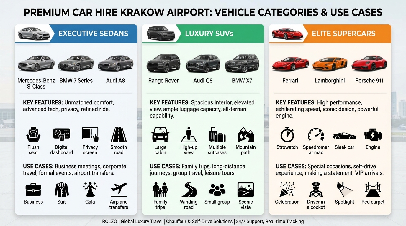 Visual grid or comparison table showcasing the different vehicle categories available (executive sedans, SUVs, supercars) with key features and use cases for each