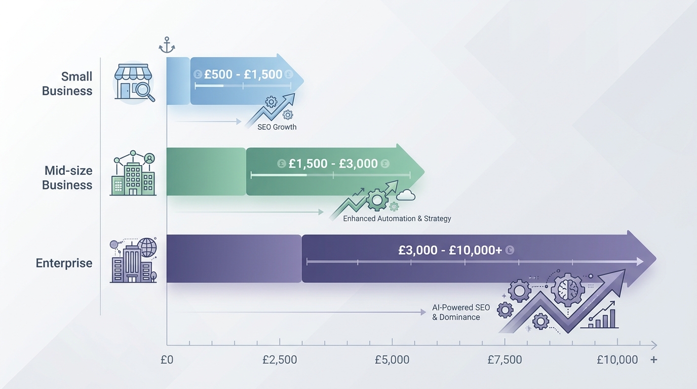 Tiered bar chart or pricing table showing SEO service cost ranges in Cambridge: Small businesses (£500-£1,500), Mid-size businesses (£1,500-£3,000), and Enterprise (£3,000-£10,000+)