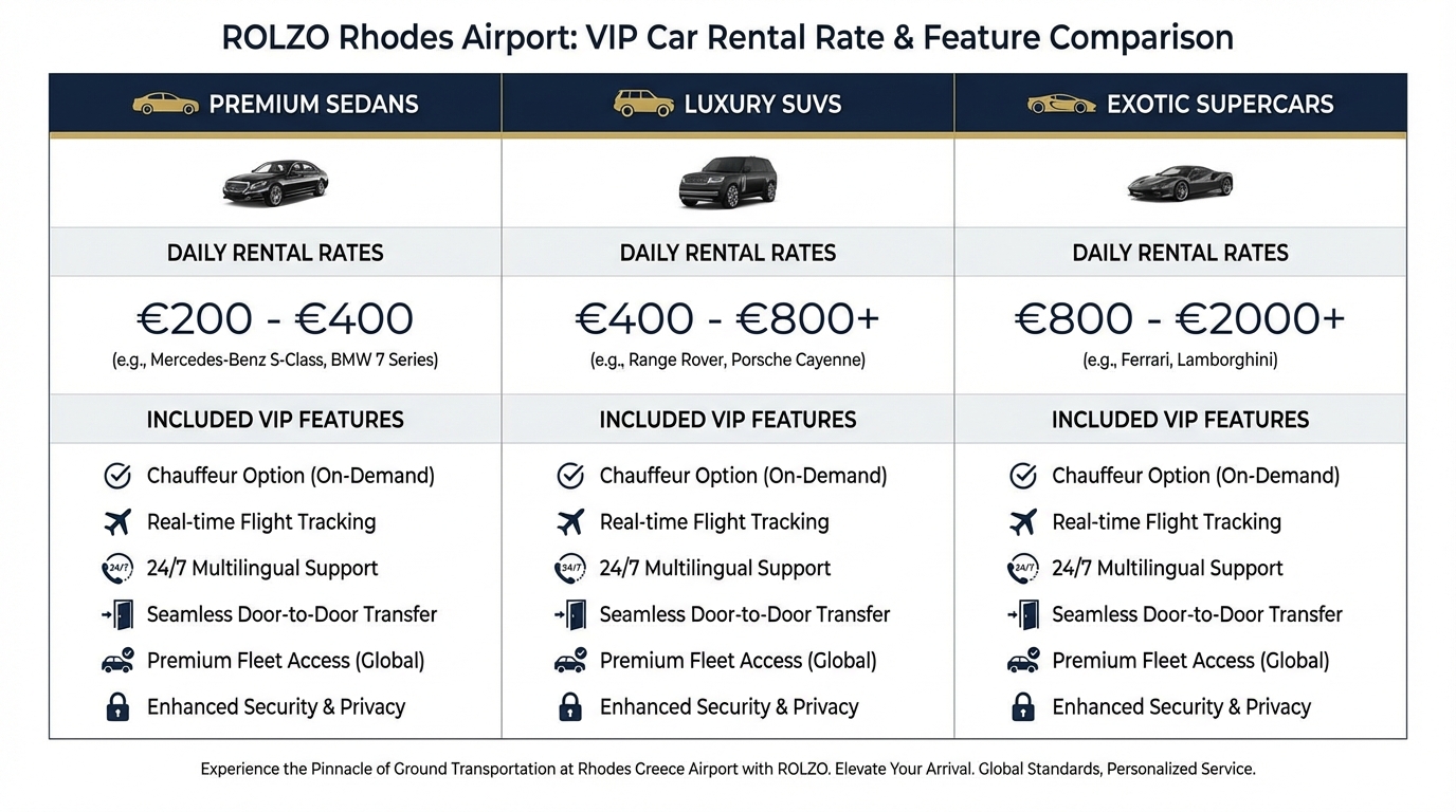 Comparison table showing daily rental rates by vehicle category (Premium Sedans €200-400, Luxury SUVs, Exotic Supercars €800-2000+) with included features