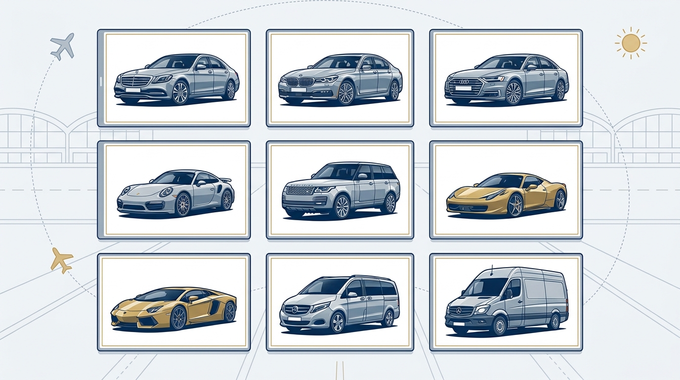 Visual grid or gallery showcasing the luxury fleet options: Mercedes-Benz S-Class, BMW 7 Series, Audi A8, Porsche 911, Range Rover, Ferrari, Lamborghini, and group vehicles like Sprinter and V-Class